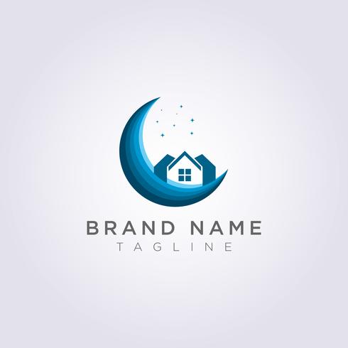 Entwerfen Sie ein Home-Logo auf dem Mond mit Sternen für Ihr Unternehmen oder Ihre Marke vektor