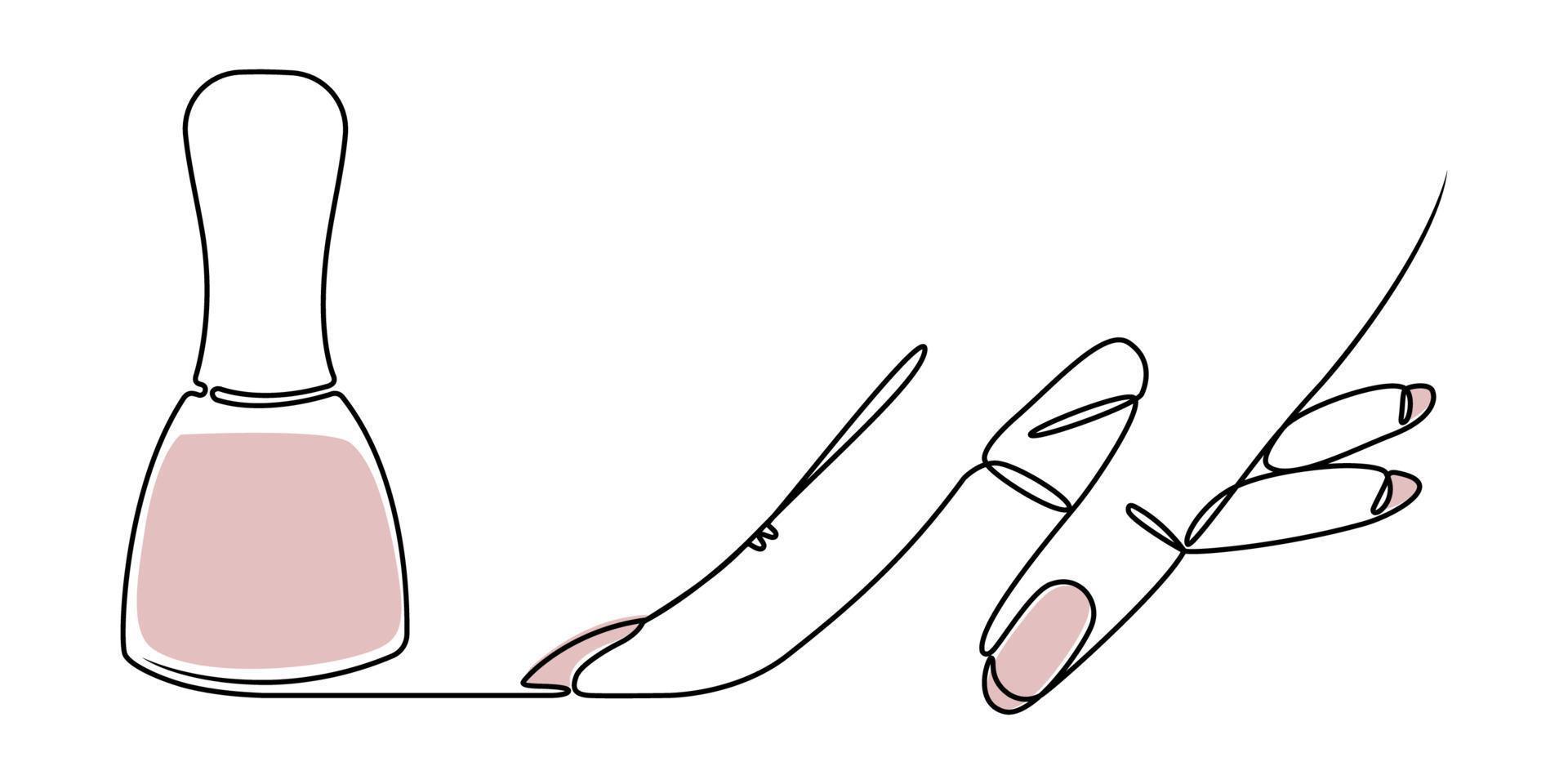 lineare Zeichnung einer Hand und Nagellack auf weißem Hintergrund. skizzieren Sie stilisierte Illustrationen für die Gestaltung von Schönheits- und Maniküresalons. vektor handgezeichnete illustration.