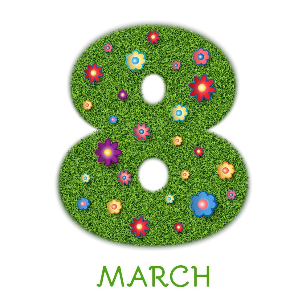 glad kvinnors dag. 8 mars med grönt gräs textur. botaniska våren illustration - gräsmatta med blommor. isolerad på en vit bakgrund. vektor. vektor