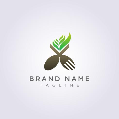 Logolöffelgabel mit Blättern für Ihre Restaurantmarke oder -geschäft vektor