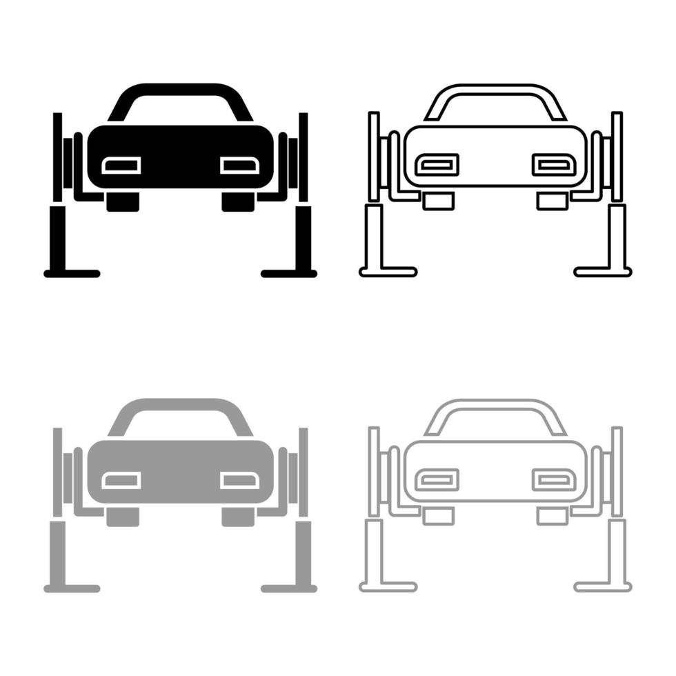 Auto-Hebebühne Auto-Reparatur-Service-Konzept Auto auf Fix-Hebebühne Auto angehoben auf Auto-Hebebühne Symbol Umriss Set schwarz grau Farbe Vektor-illustration Flat Style Image vektor