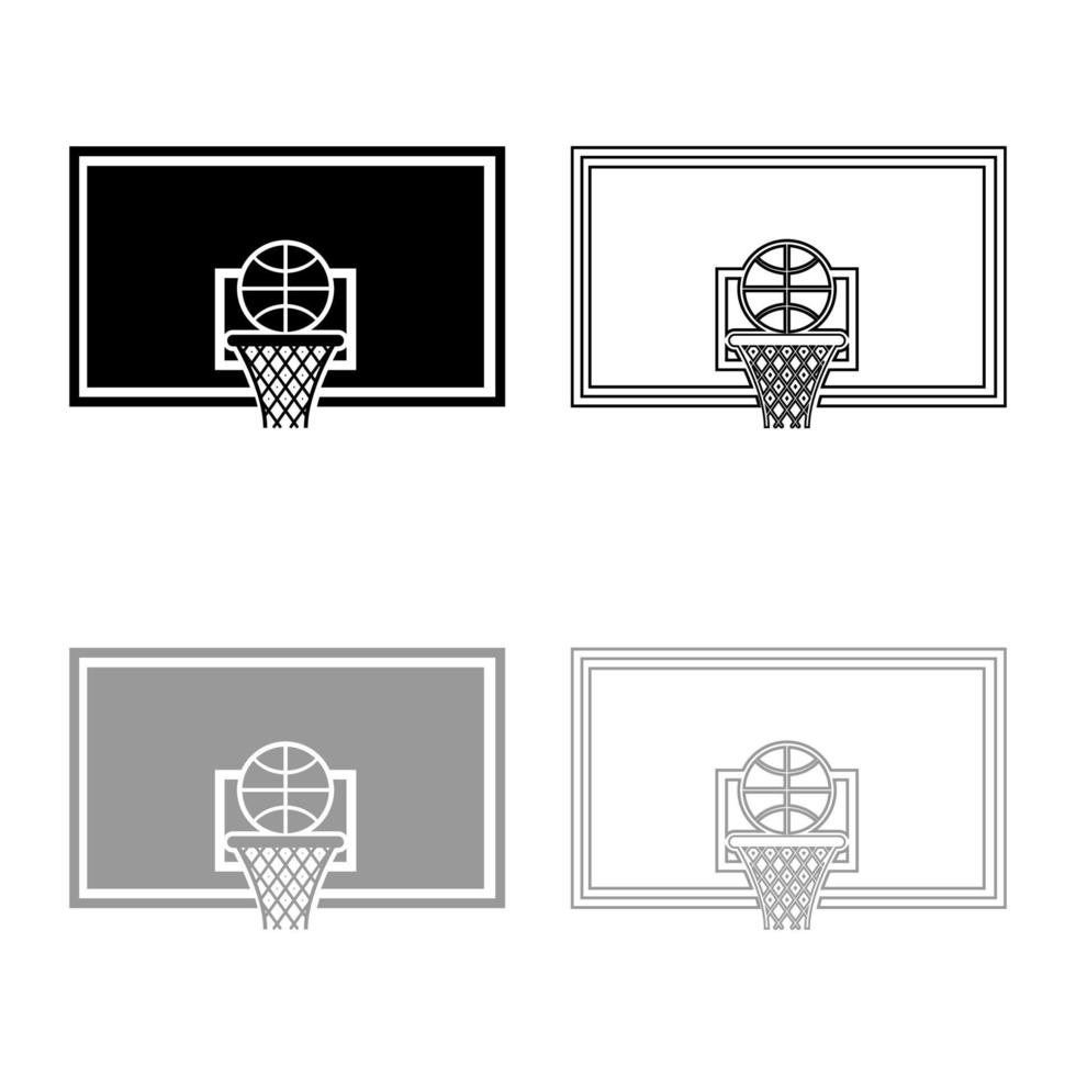 basketkorg och boll ryggtavla och rutnät korg ikon disposition uppsättning svart grå färg vektor illustration platt stil bild