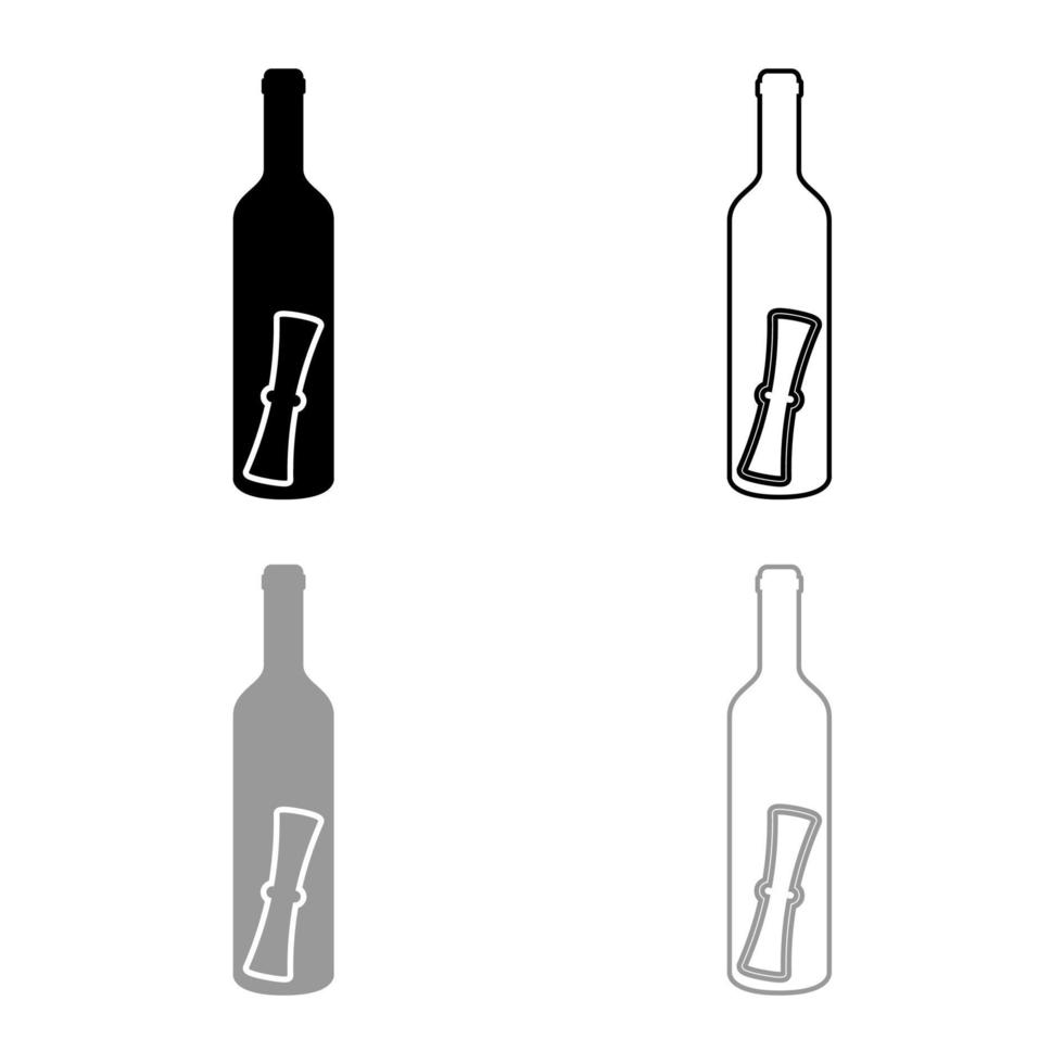 flaska med brevmeddelande koncept vikt rullningsdokument i gammal behållare ikonkonturuppsättning svart grå färg vektorillustration platt stilbild vektor