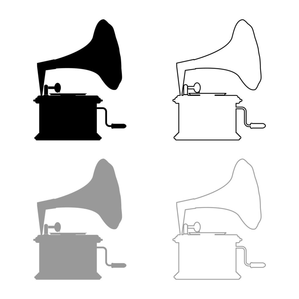 fonograf grammofon vintage skivspelare för vinylskivor ikonkonturuppsättning svart grå färg vektorillustration platt stilbild vektor