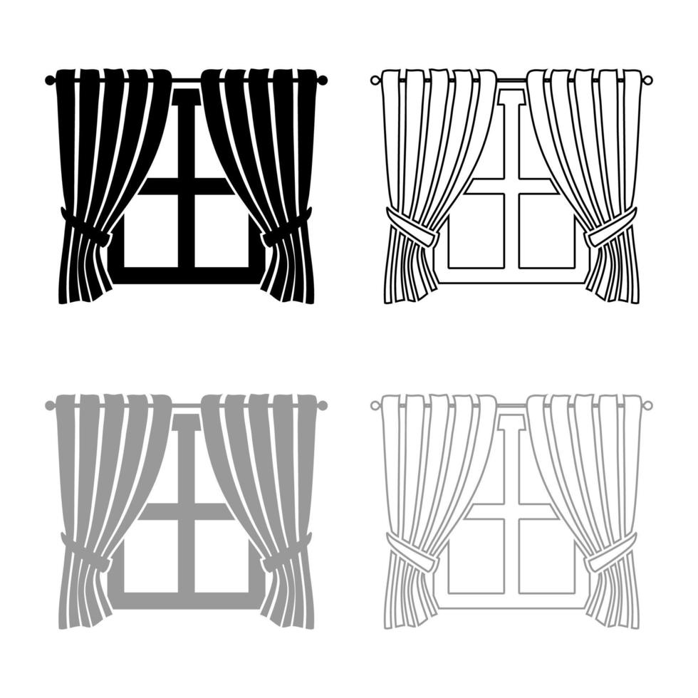 Gardinen und Fenster Innenkonzept Home Fenster Ansicht Dekoration schwenkende Vorhänge auf Fenster Symbol Umriss Set schwarz grau Farbe Vektor Illustration Flat Style Image