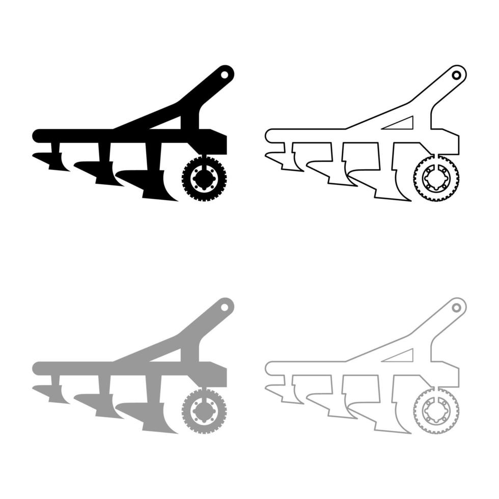 Pflug für die Kultivierung von Land vor der Aussaat landwirtschaftlicher Produkte Traktor-Machanismus-Ausrüstung industrielle Gerätesymbol-Gliederungsset schwarzgraues Farbvektor-Illustrations-Flat-Style-Image vektor