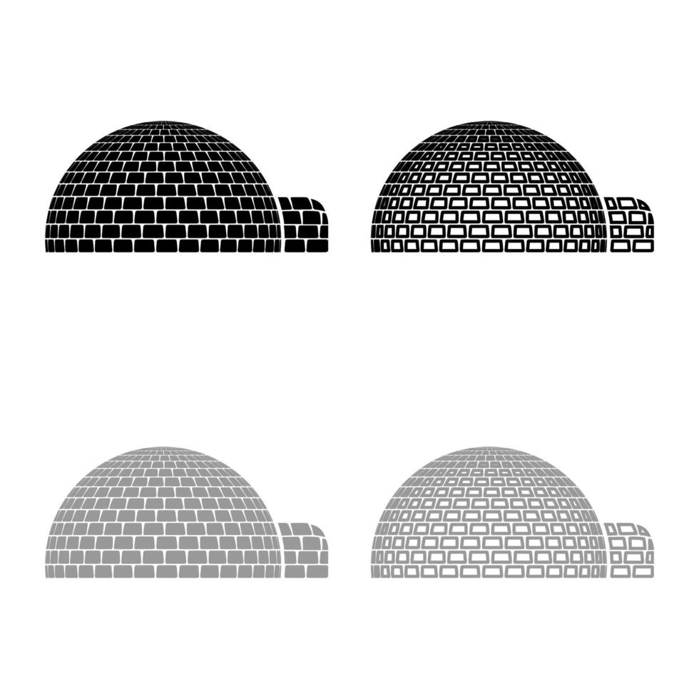 igloo bostad med isiga kuber blockerar plats när levande inuiter och eskimåer arktiska hem kupol form ikon kontur set svart grå färg vektor illustration platt stil bild