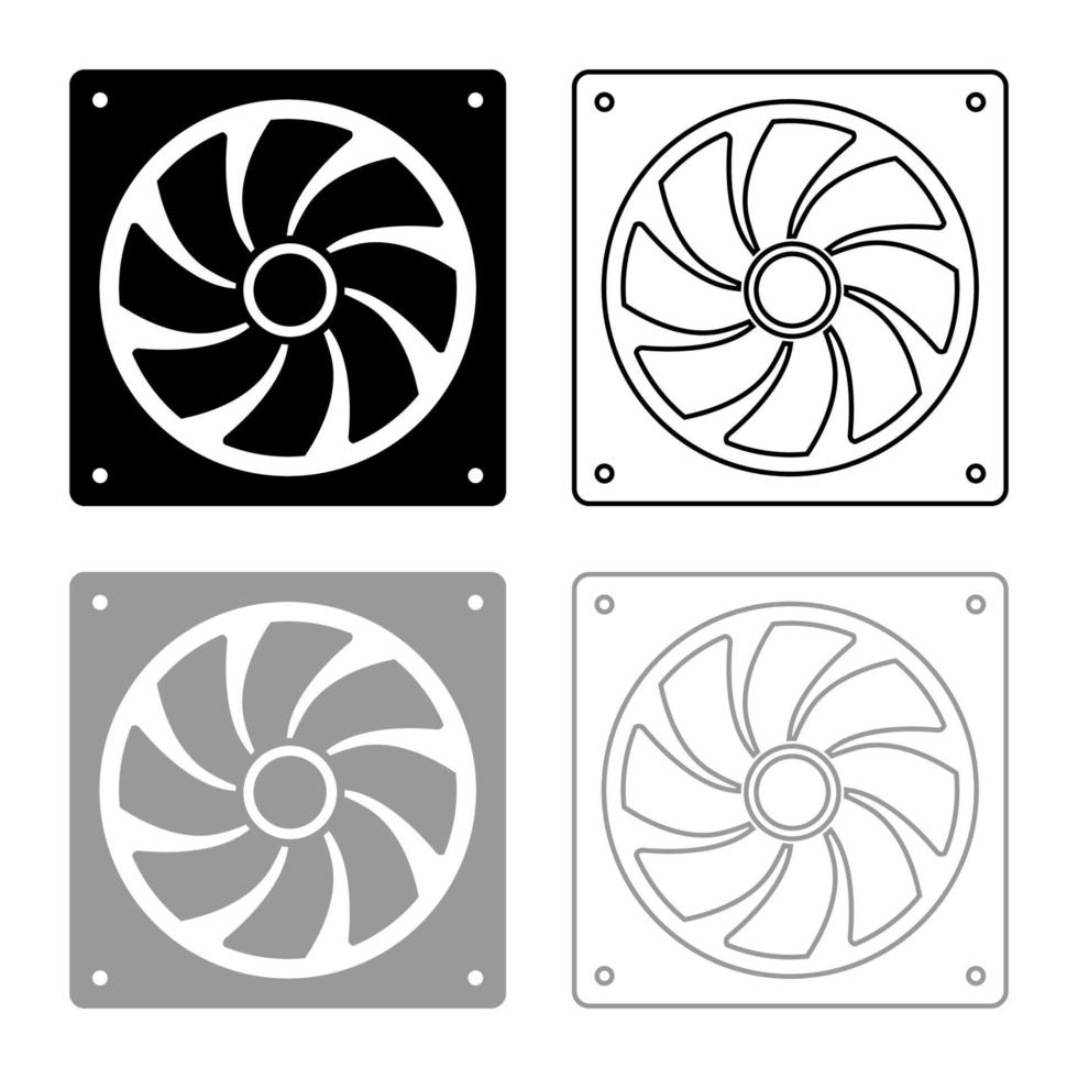 fläkt för dator processor kylare cpu kylsystem ventilator ikon disposition uppsättning svart grå färg vektor illustration platt stil bild