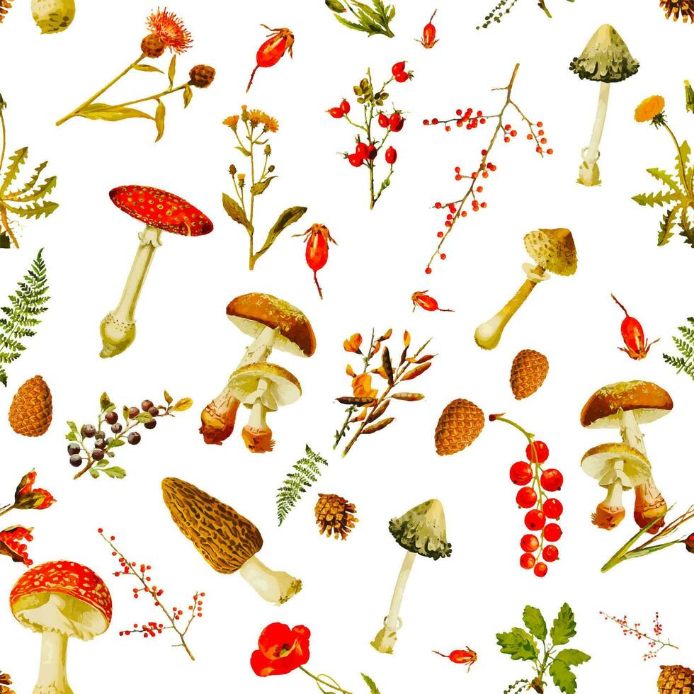 schönes, nahtloses Herbstwald-Themenmuster mit Blumen- und Pilzbild-Assets, Herbst, T-Shirts, Textur, perfekt für Tassen, Stoffe, Verpackungen, Hülsen usw vektor