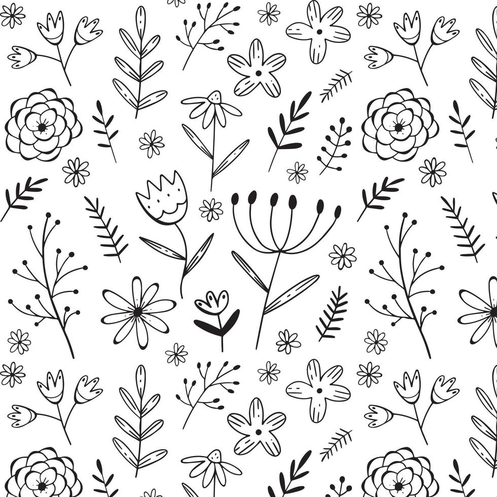einfaches Schwarz-Weiß-Muster mit Blumen und Zweigen im Doodle-Stil. Vektor-Illustration-Hintergrund für Design. vektor