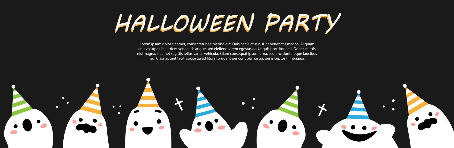 halloween party redo banner med söta spöke karaktärer i festliga hattar på en svart bakgrund. vektor illustration för webbdesign.