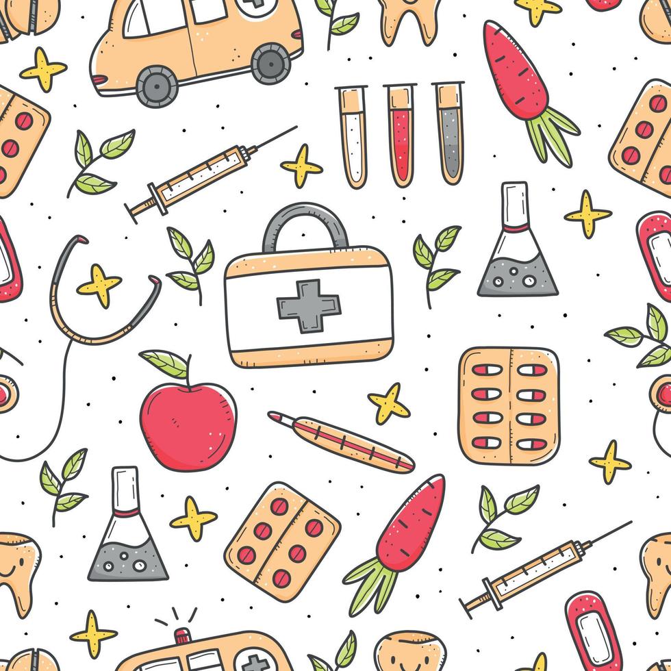 seamless mönster med mångfärgade medicinska föremål i doodle stil, termometer, spruta, kolv, piller, vitaminer, ambulans. vektor doodle illustration. design för tapeter, förpackningar.