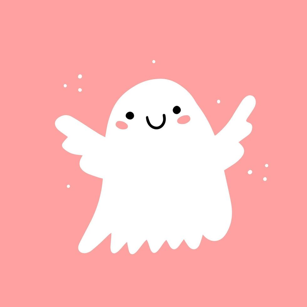söt leende spökengel på en rosa bakgrund. vektor illustration med spöke karaktär isolerad på bakgrunden.