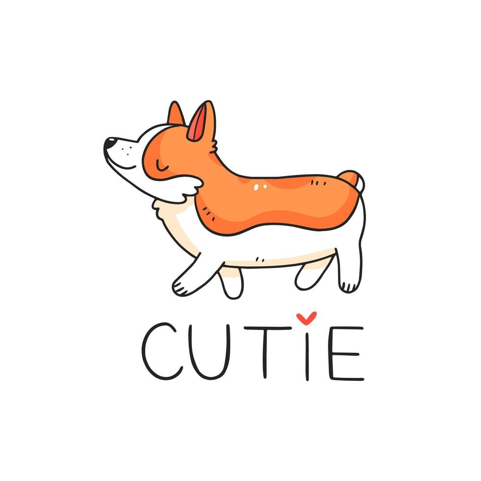 süßer Corgi-Hund im Doodle-Stil mit der Aufschrift Cutie. Vektor-Illustration. vektor