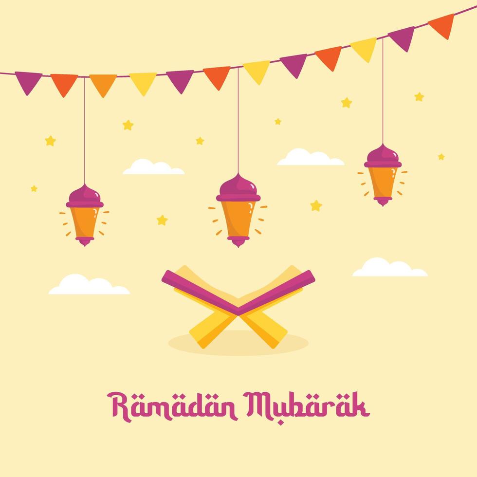 ramadan kareem illustration mit al quran und laternenkonzept. Cartoon-Stil im flachen Design vektor