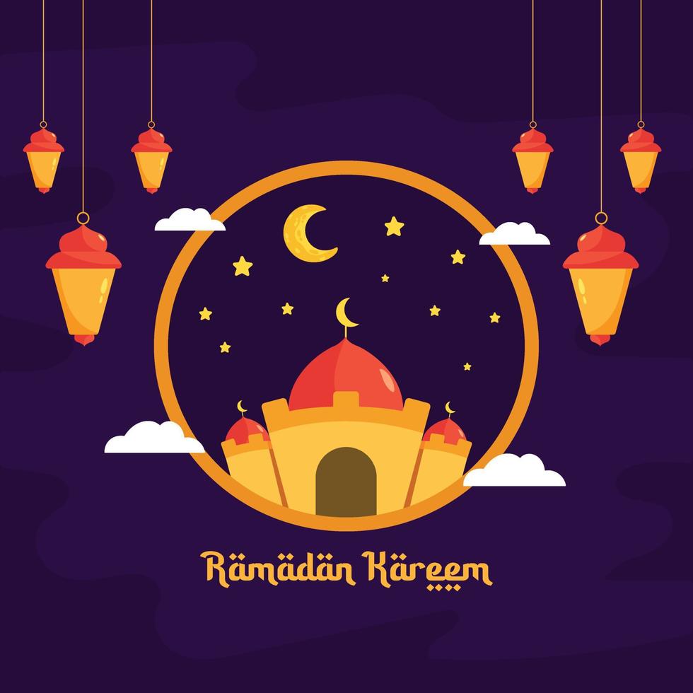 ramadan kareem illustration mit halbmond, moschee und laternenkonzept. Cartoon-Stil im flachen Design vektor