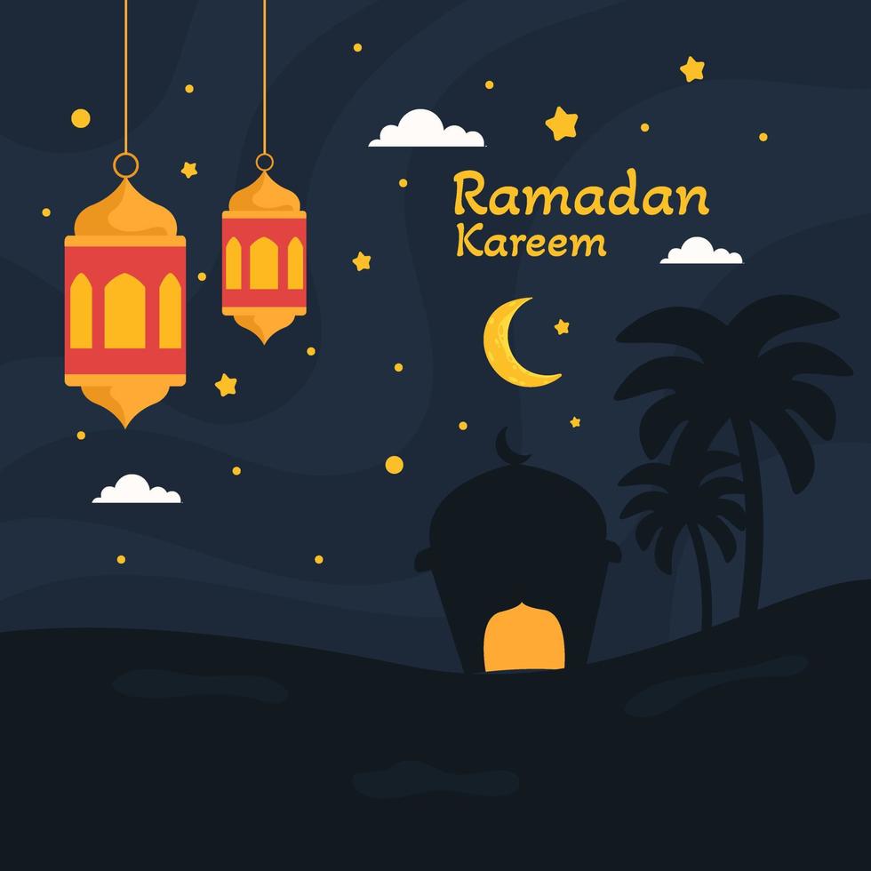 ramadan kareem illustration mit halbmond, moschee und laternenkonzept. Cartoon-Stil im flachen Design vektor