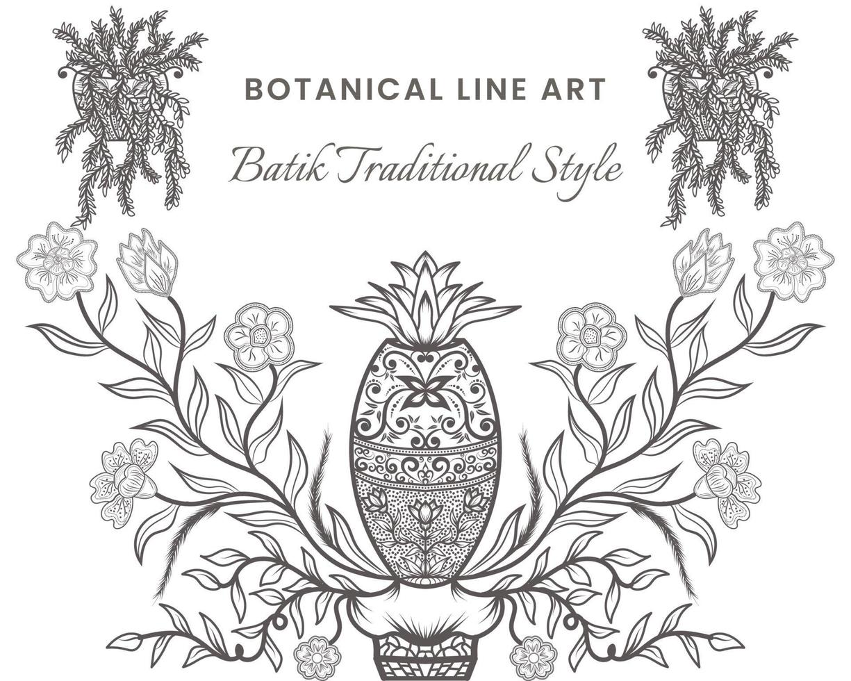 linjeteckning botanisk batik traditionell stil, linjekonst svart med blommig. vektor