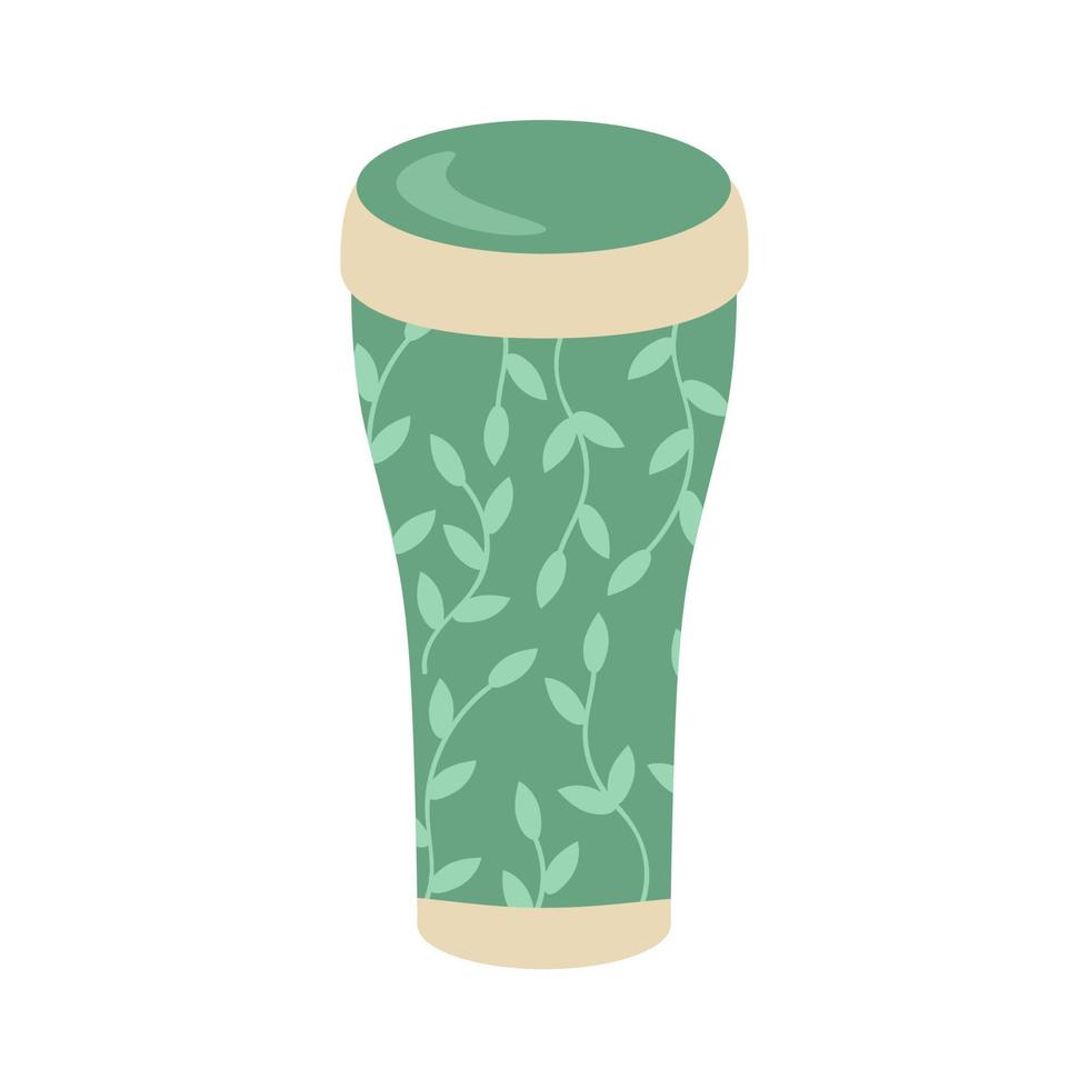 återanvändbar termokopp med tryck av löv och kvistar för konceptet zero waste. för varma drycker, kaffe, te, kakao. vektor illustration i tecknad stil.