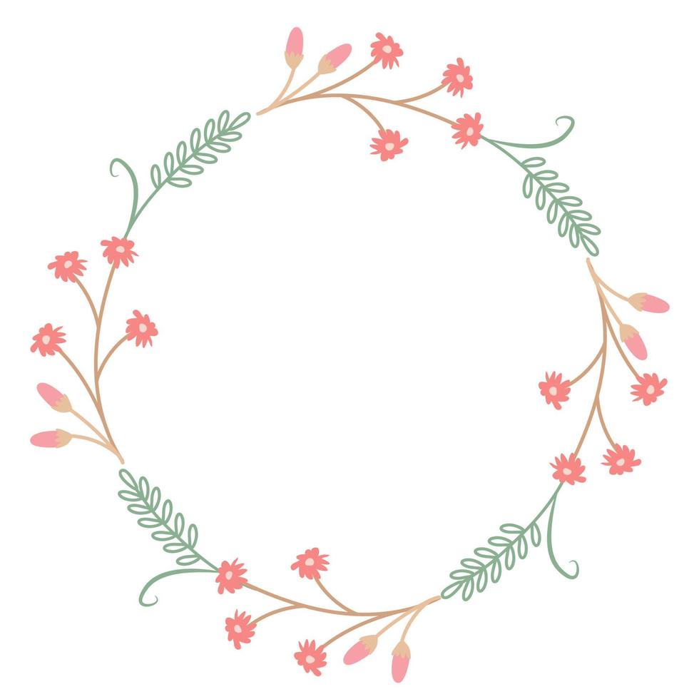 Kranz aus zarten rosa Knospen und Blüten und grünen Zweigen mit Blättern. festliche vektorillustration für die bestellung von postkarten, einladungen. rustikale Vorlage für kreisförmigen Text vektor