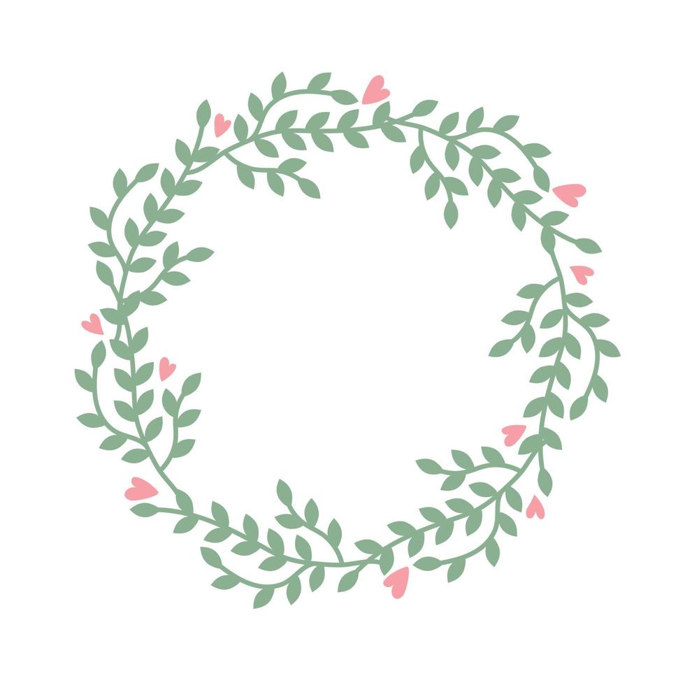 Kranz mit grünen Zweigen mit Blättern und rosa Herzen. festliche vektorillustration für das design oder dekor von postkarten, einladungen. rustikale Vorlage für kreisförmigen Text vektor