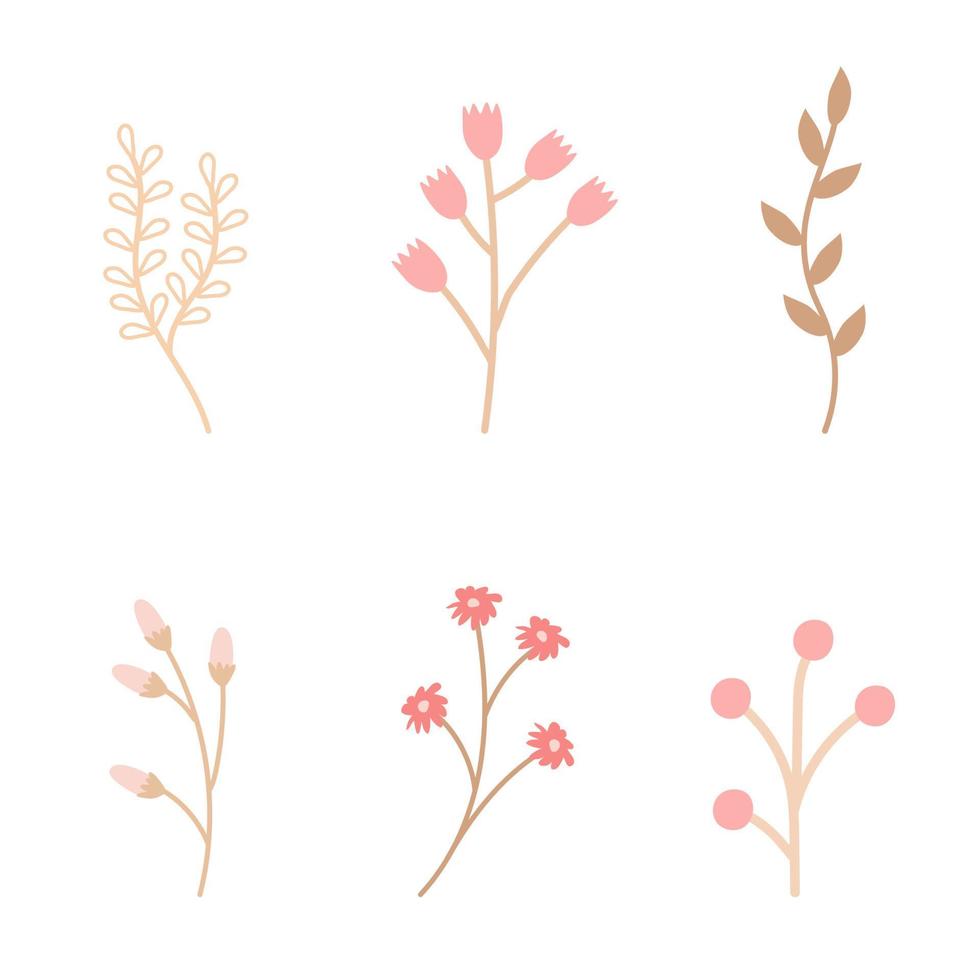 Set aus Frühlingszweigen und Blumen in einem gemütlichen rustikalen Stil in Rosa und Beige. Vektor einfache unkomplizierte Illustration für Design, Dekoration von Postkarten, Einladungen.