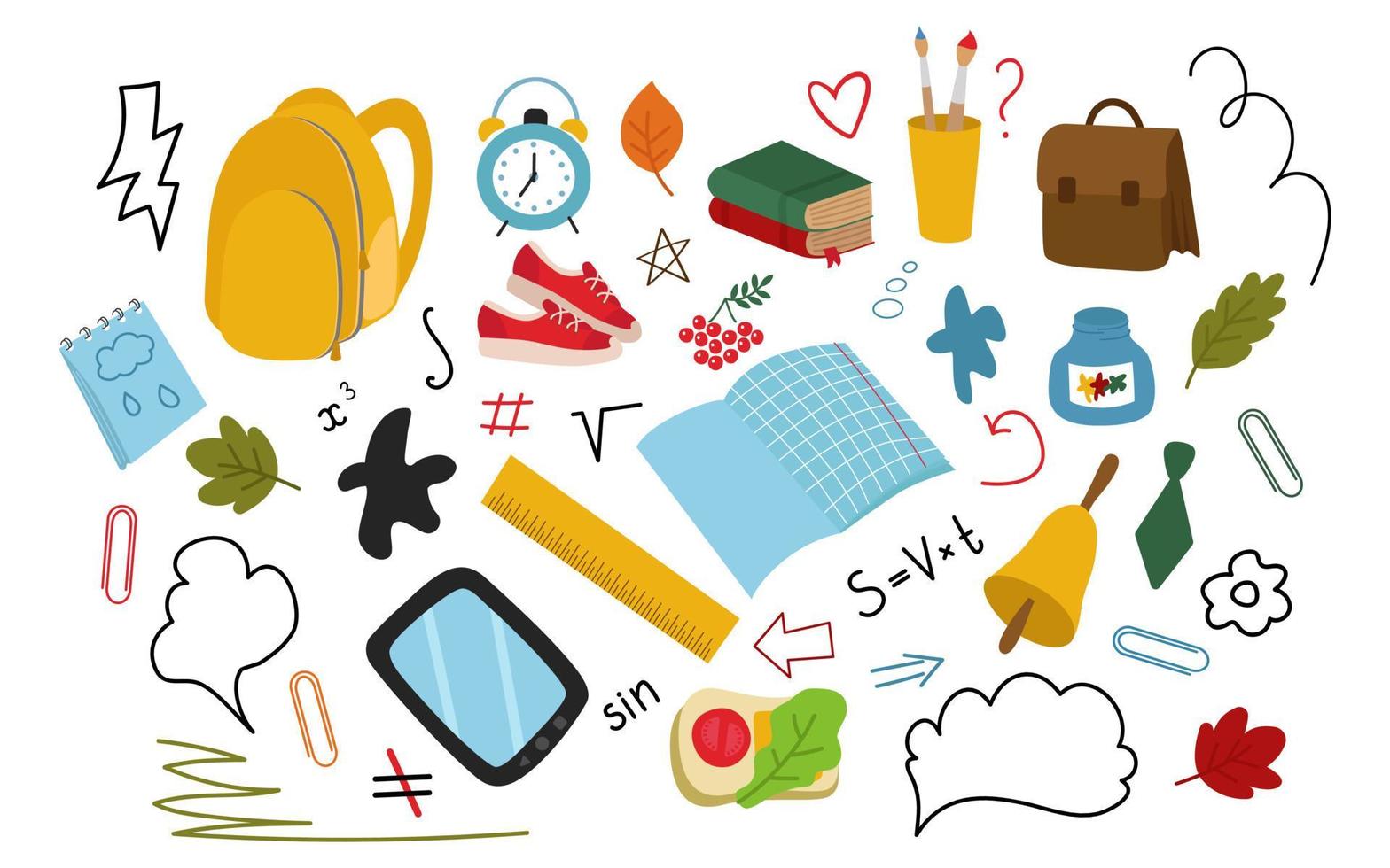 zurück zur Schule, eine Sammlung von handgezeichneten Cliparts. Rucksack, Accessoires, Pinsel, Turnschuhe, Lineal, Tablet, Wecker, Notizbuch. vektorillustration isoliert. vektor