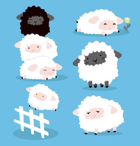 Söt Cartoon Sheeps teckenuppsättning vektor