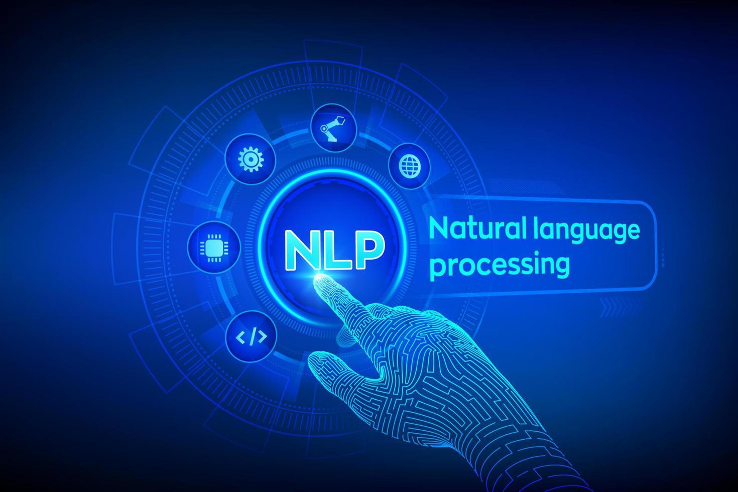 nlp. Cognitive-Computing-Technologiekonzept zur Verarbeitung natürlicher Sprache auf virtuellem Bildschirm. Wissenschaftskonzept für natürliche Sprache. roboterhand, die digitale schnittstelle berührt. Vektor-Illustration. vektor