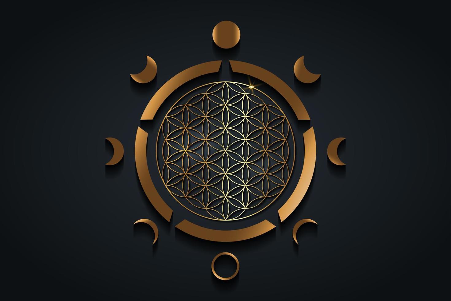 kreisphasen des mondes, blume des lebens, goldenes spirituelles yantra mandala, heilige geometrie. goldenes Wiccan-Symbol, Vektor goldenes rundes Logo isoliert auf schwarzem schwarzem Hintergrund