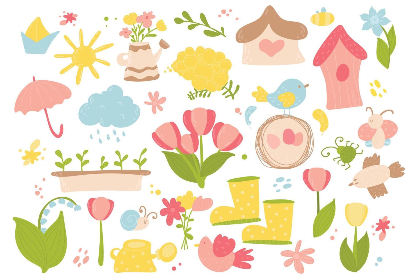 vår och påsk doodle samling, blommor och dekorationer. påsk våren set med söta ägg, fåglar, bin, fjärilar. handritad vektorillustration. vektor