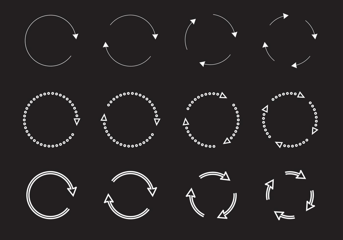 ange återvinningsikoner. etikett mall. eco cirkel pilar. vita vektor ikoner på svart bakgrund.