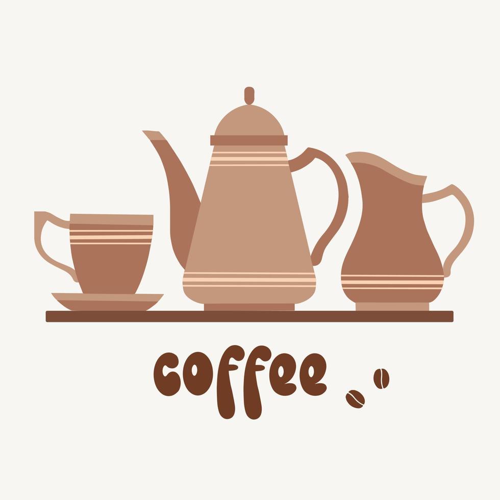 Satz von Gegenständen mit einer Inschrift, einer Kaffeekanne, einer Kaffeetasse und einem Milchkännchen vektor