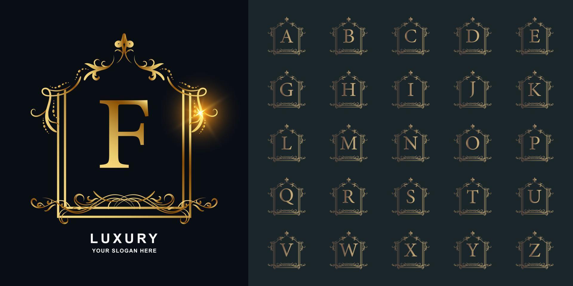bokstaven f eller samling initiala alfabetet med lyx prydnad blommig ram gyllene logotyp mall. vektor