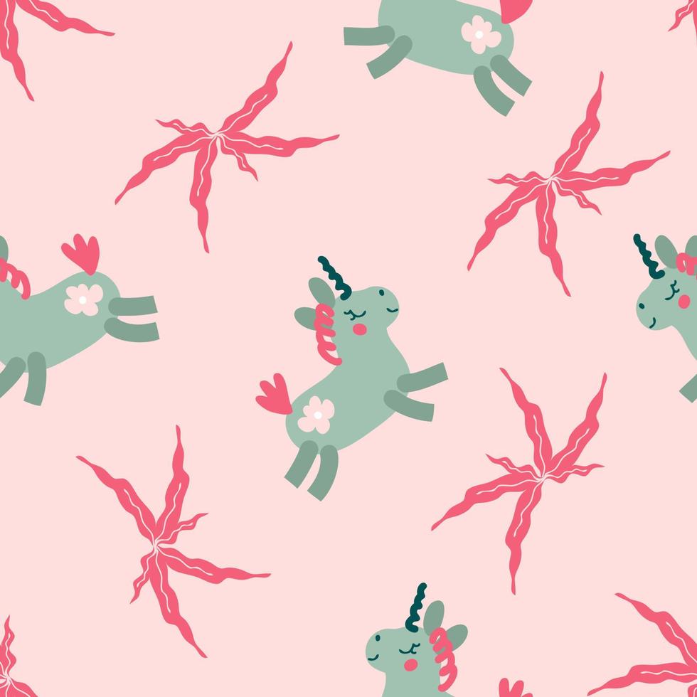 doodle seamless mönster med enhörningar och löv. vektor