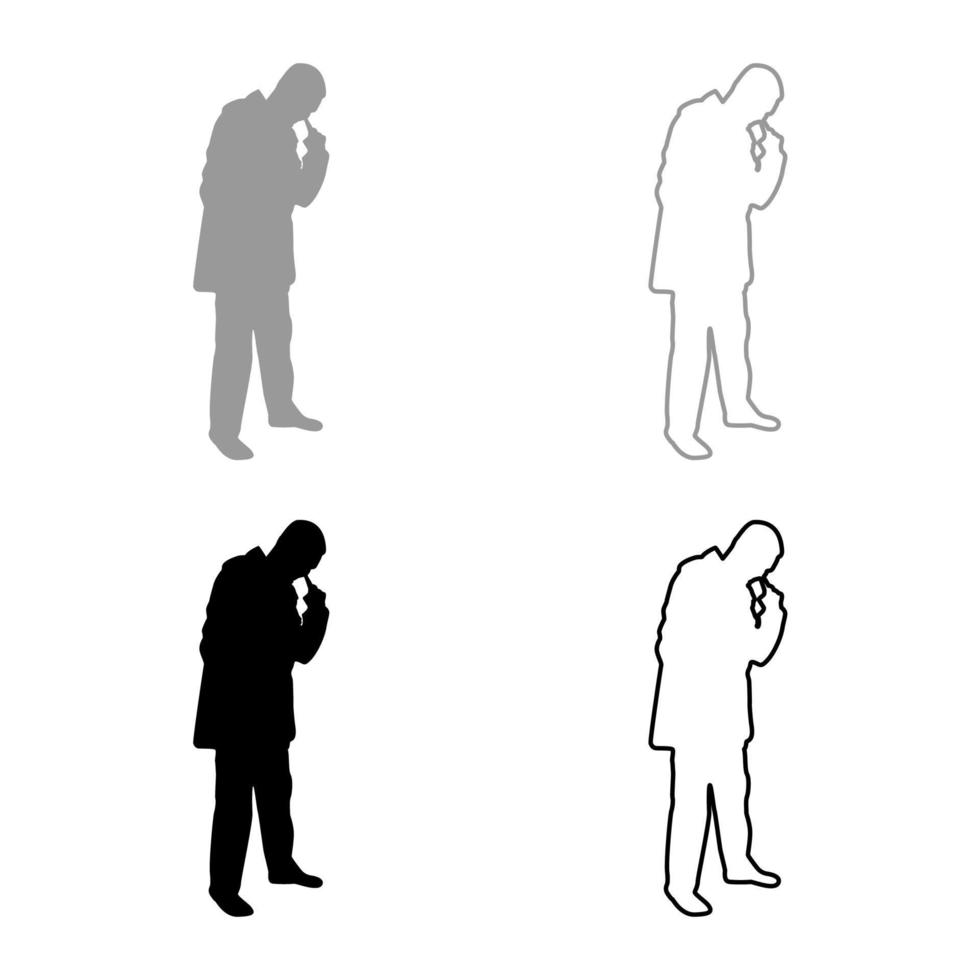 Mann, der in der Nase stochert, verwendet den Finger, männlich, reinigt die Nasenwege, Silhouette, grau, schwarz, Vektorillustration, solides Umrissstilbild vektor