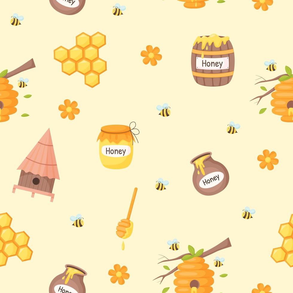 seamless mönster med bin och honung tematiska element på gul bakgrund. söt tecknad illustration i platt vektor stil.