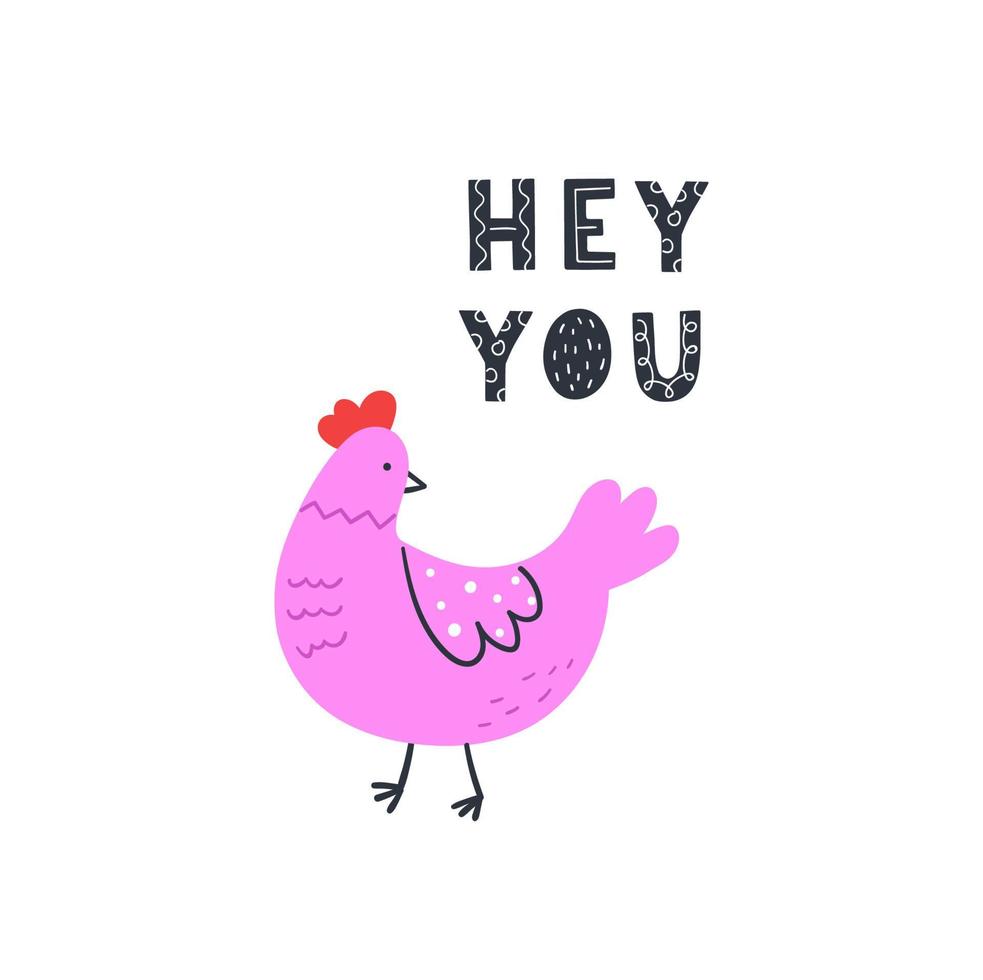 handritad söt kyckling med bokstäver hej du. doodle skiss stil. rolig tamfågel. vektorillustration för t-shirt, affisch, böcker och mer. vektor