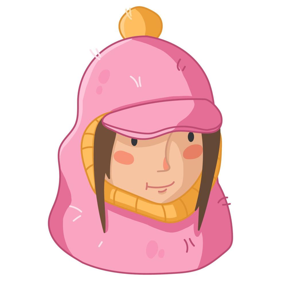 niedliche Cartoon-Mädchen-Figur in rosa und gelb gestrickter Balaclava-Mütze vektor