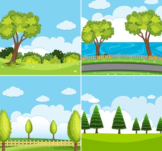 Szene mit vier Hintergründen mit grünen Bäumen vektor