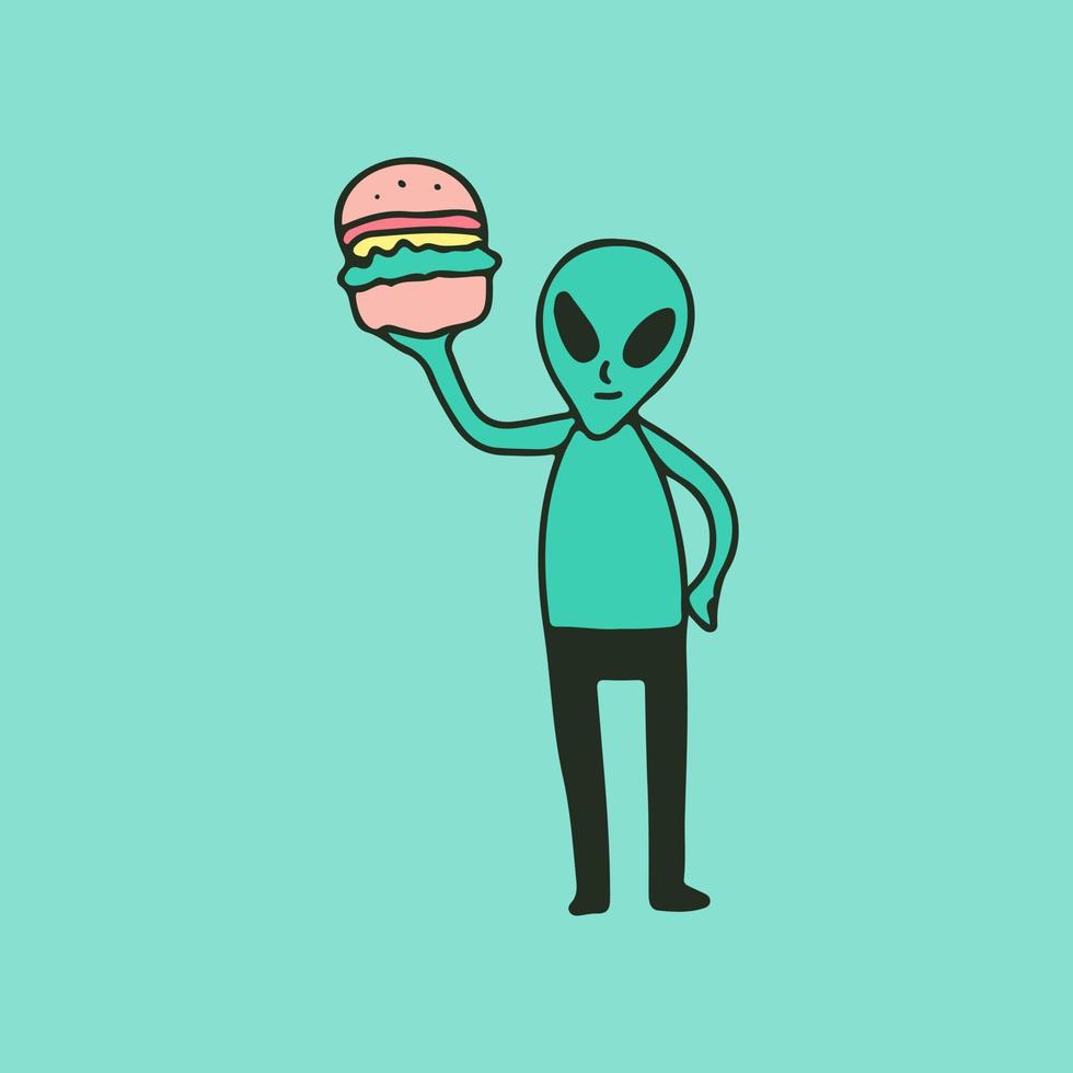 außerirdischer charakter, der burger, illustration für t-shirt, aufkleber oder bekleidungswaren hält. im Retro-Cartoon-Stil. vektor