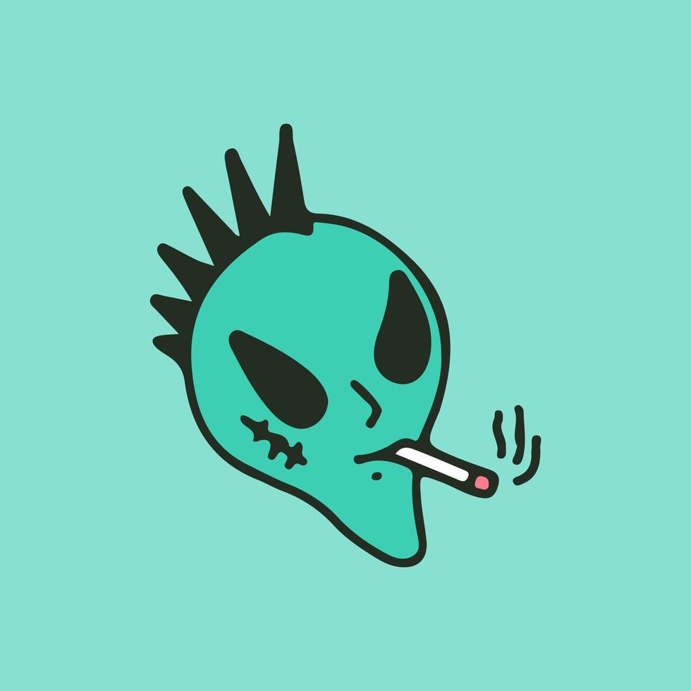 utomjording med mohawk-hår som röker cigarett, illustration för t-shirt, klistermärke eller klädesplagg. med retro tecknad stil. vektor