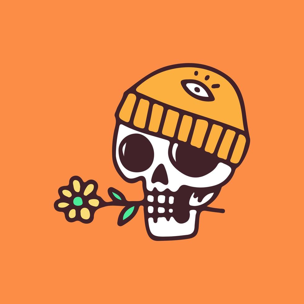 Übertreibungsschädel, der Beaniehut trägt und eine Sonnenblume, Illustration für T-Shirt, Aufkleber oder Bekleidungswaren beißt. mit Doodle, Soft Pop und Cartoon-Stil. vektor