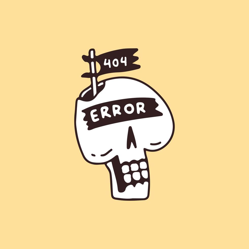 Fehlerskelettkopf mit 404-Flagge, Illustration für T-Shirt, Aufkleber oder Bekleidungswaren. im Retro-Cartoon-Stil. vektor