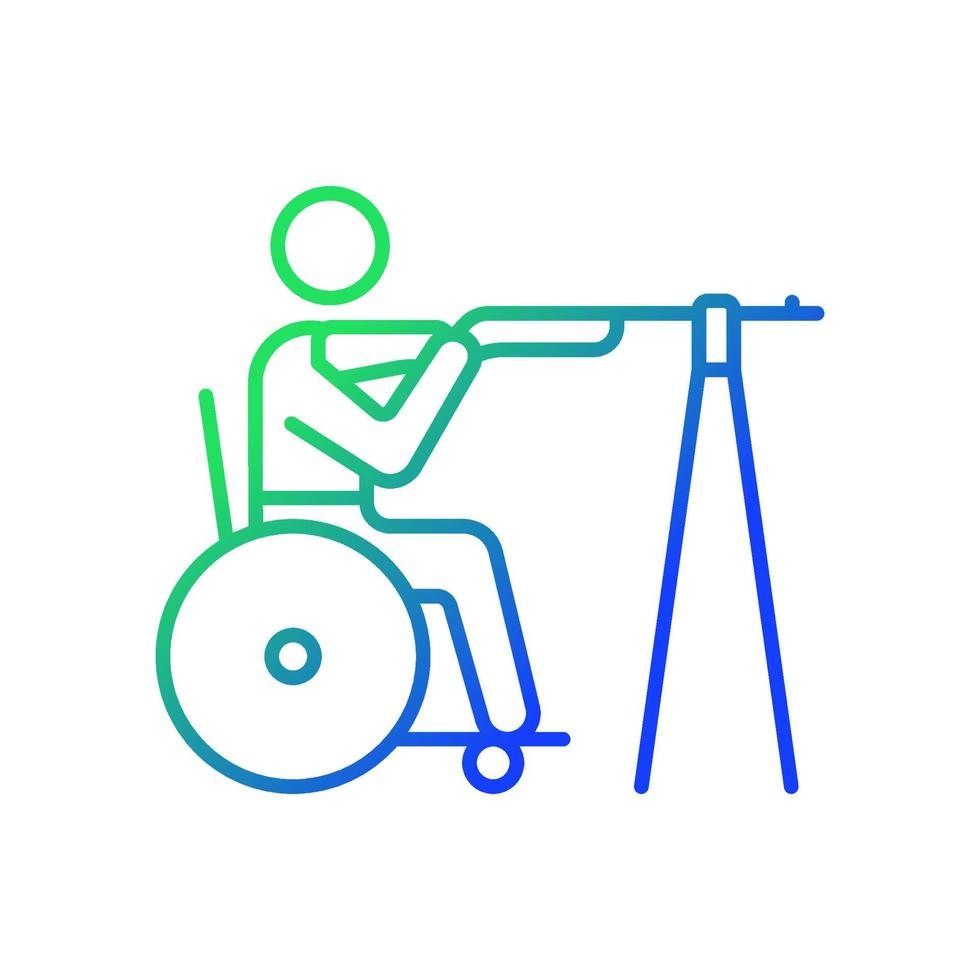 Lineares Vektorsymbol für Rollstuhlaufnahmen mit Farbverlauf. Ziele aus verschiedenen Entfernungen treffen. Sportler mit Behinderung. dünne Linie Farbsymbol. Piktogramm im modernen Stil. Vektor isoliert Umrisszeichnung