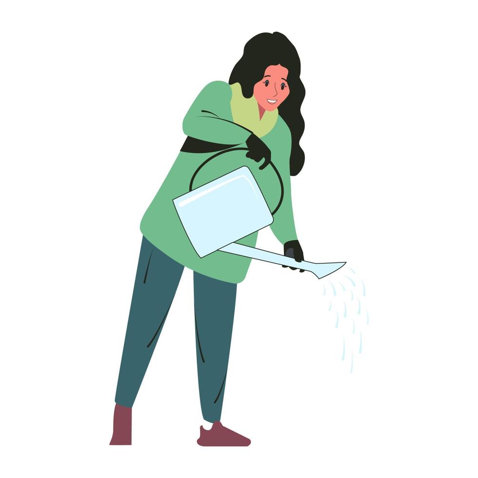 en ung kvinna håller en vattenkanna i händerna. platt vektor isolerade illustration