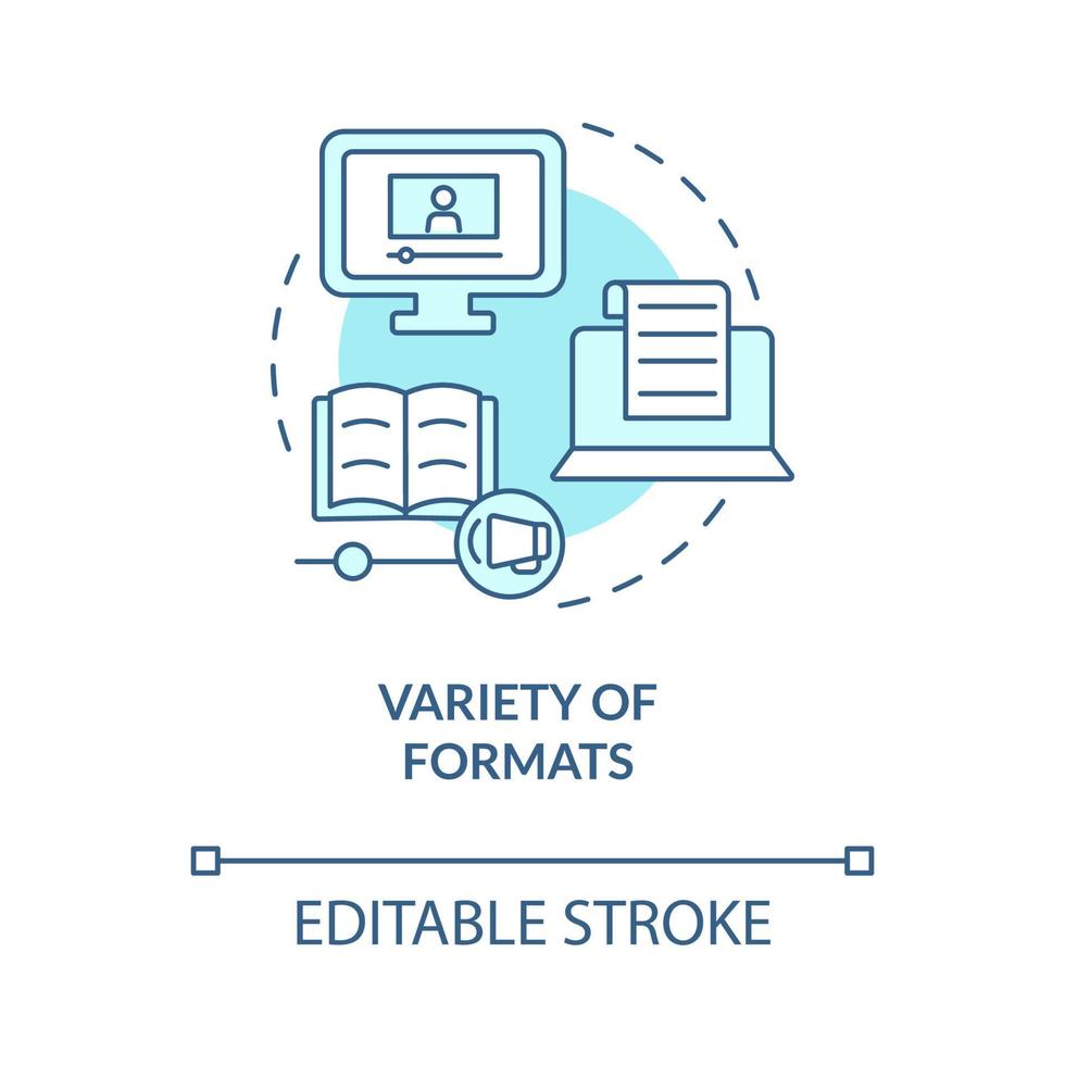 Vielzahl von Formaten türkisfarbenes Konzeptsymbol. E-Learning-Plattformen verfügen über eine abstrakte Idee mit dünner Linie. isolierte Umrisszeichnung. editierbarer Strich. Roboto-Medium, unzählige pro-fette Schriftarten verwendet vektor