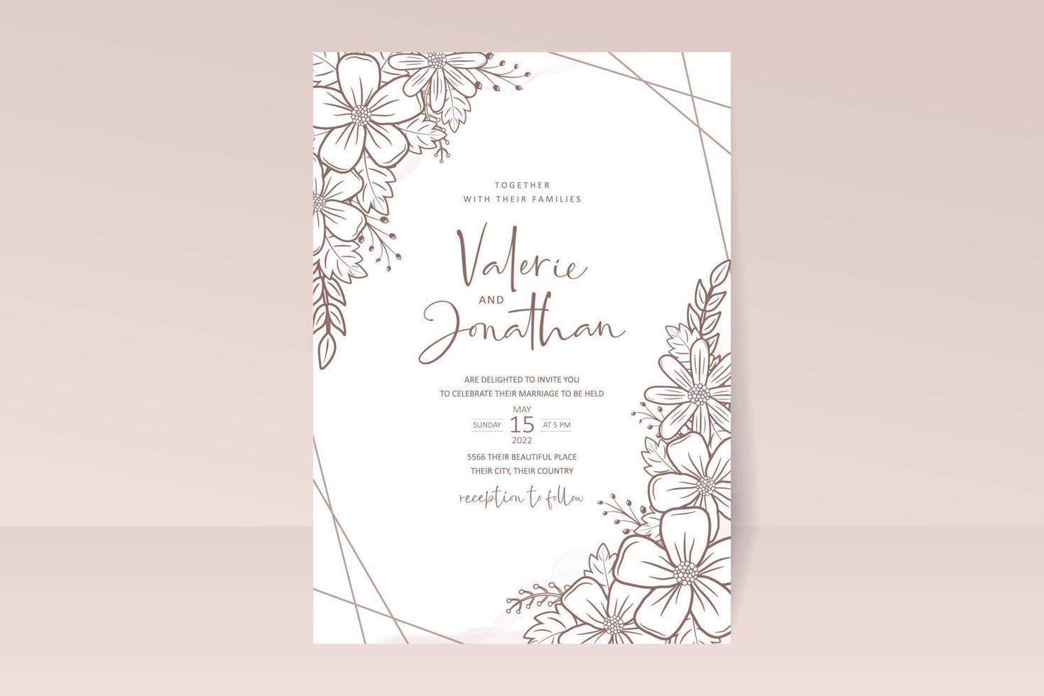 bröllopsinbjudan mall med blommig kontur dekoration vektor