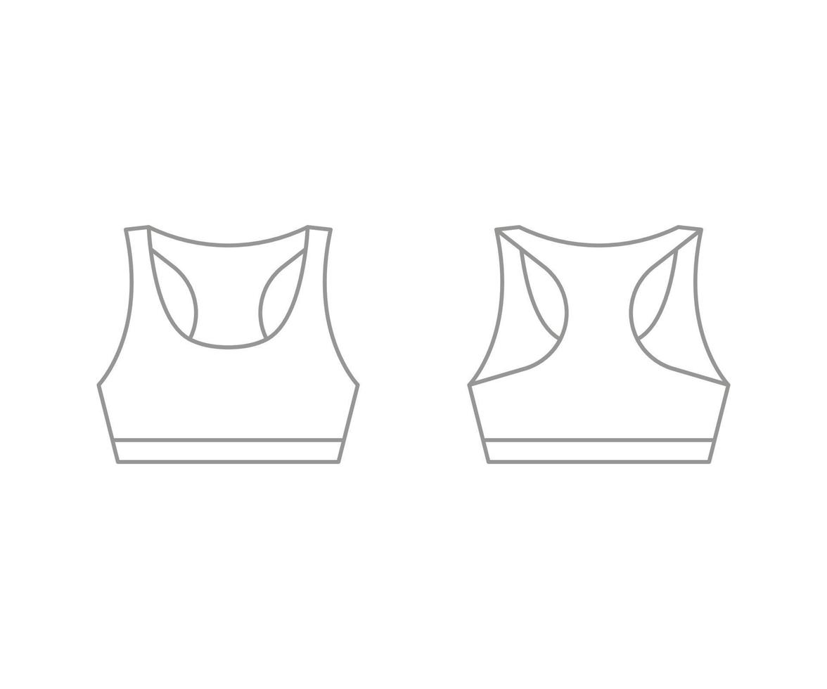 kvinna sport bh skiss mall, crop top för aktiv. flicka bär linne. teknisk mockup-bh framifrån och bakifrån. platt vektor illustration