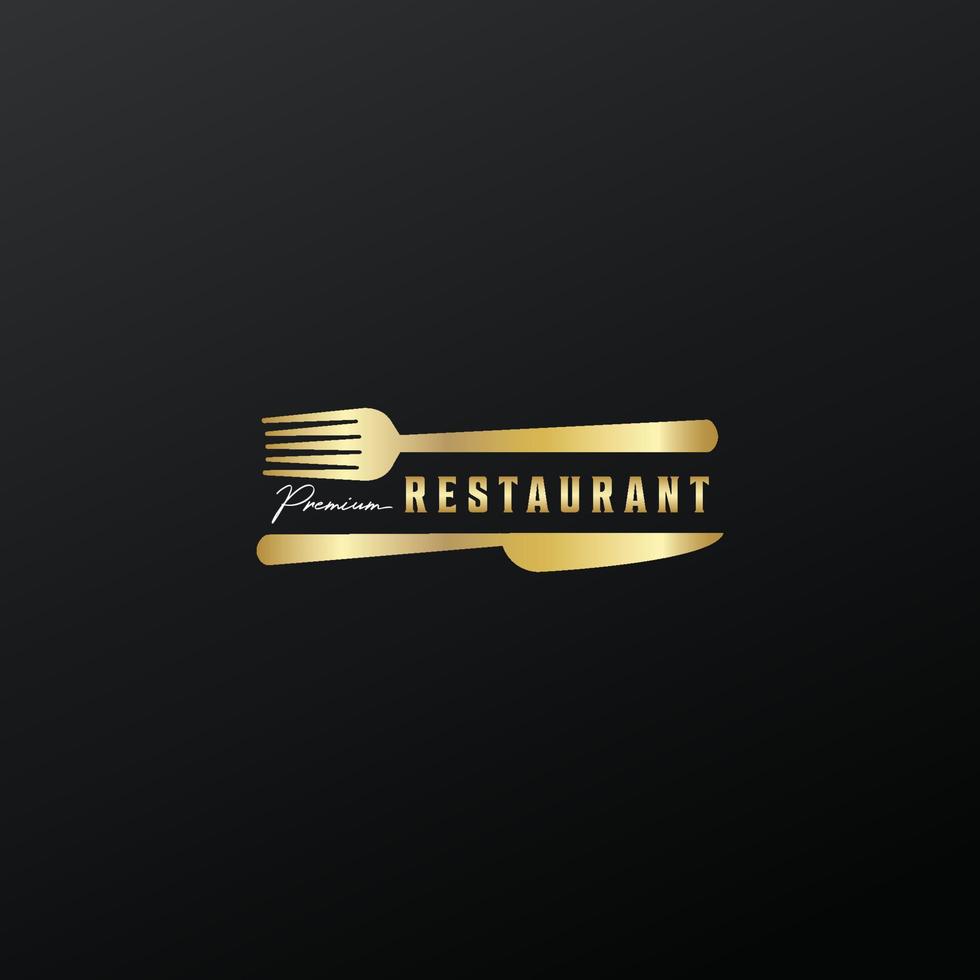 gyllene restaurang logotyp gaffel och kniv koncept vintage vektor illustration design